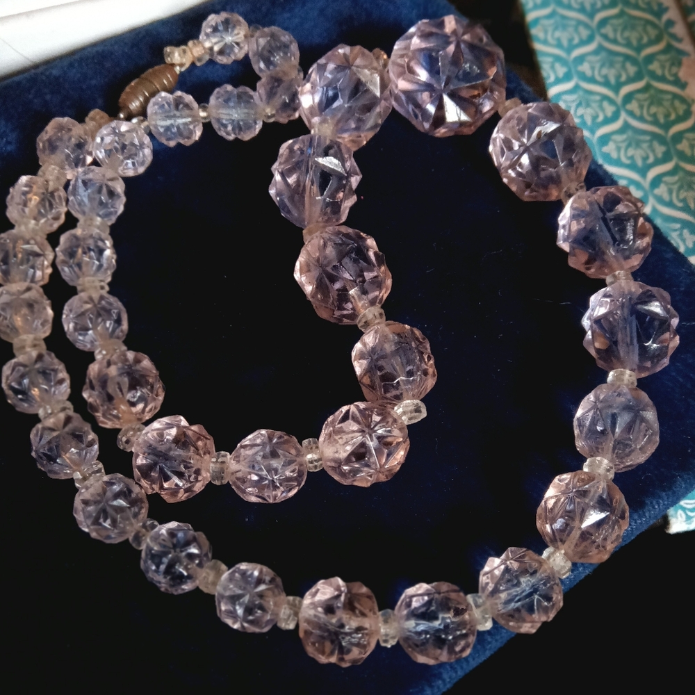 Art Deco  Pink and Blue Czech Glass Bead Necklace